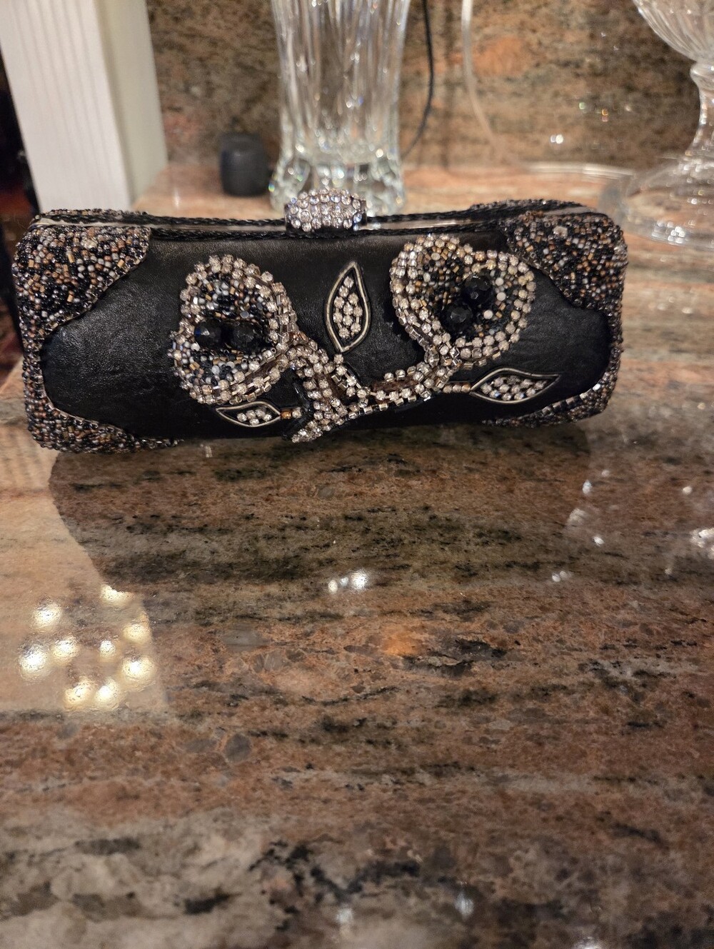Vintage Mary Frances Black Beaded Floral Evening Clutch